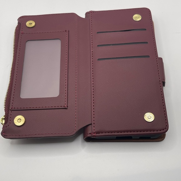 NIB Phone Case Samsung Galaxy S22+ Zipper Wallet Cover Leather Wine Red Color - Picture 3 of 8